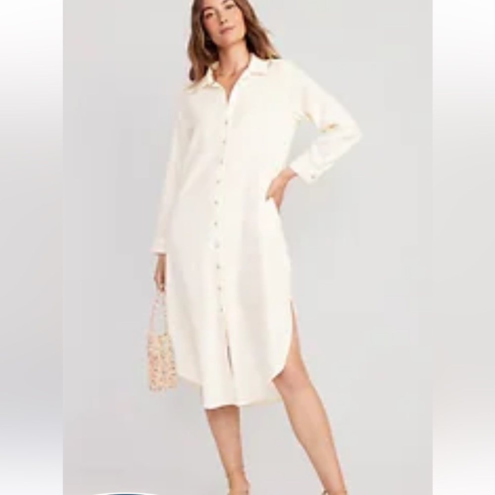 Old Navy XL Petite Long Sleeve Linen Blend Midi Shirt Dress in Crème de la Crème